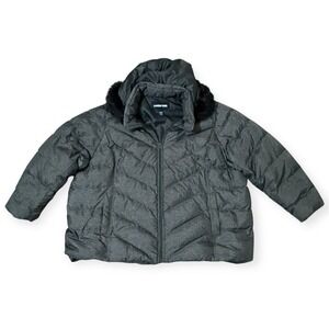 Lands End Womens 3X Plus Puffer Coat Faux Fur Hooded‎ Quilted Charcoal Gray